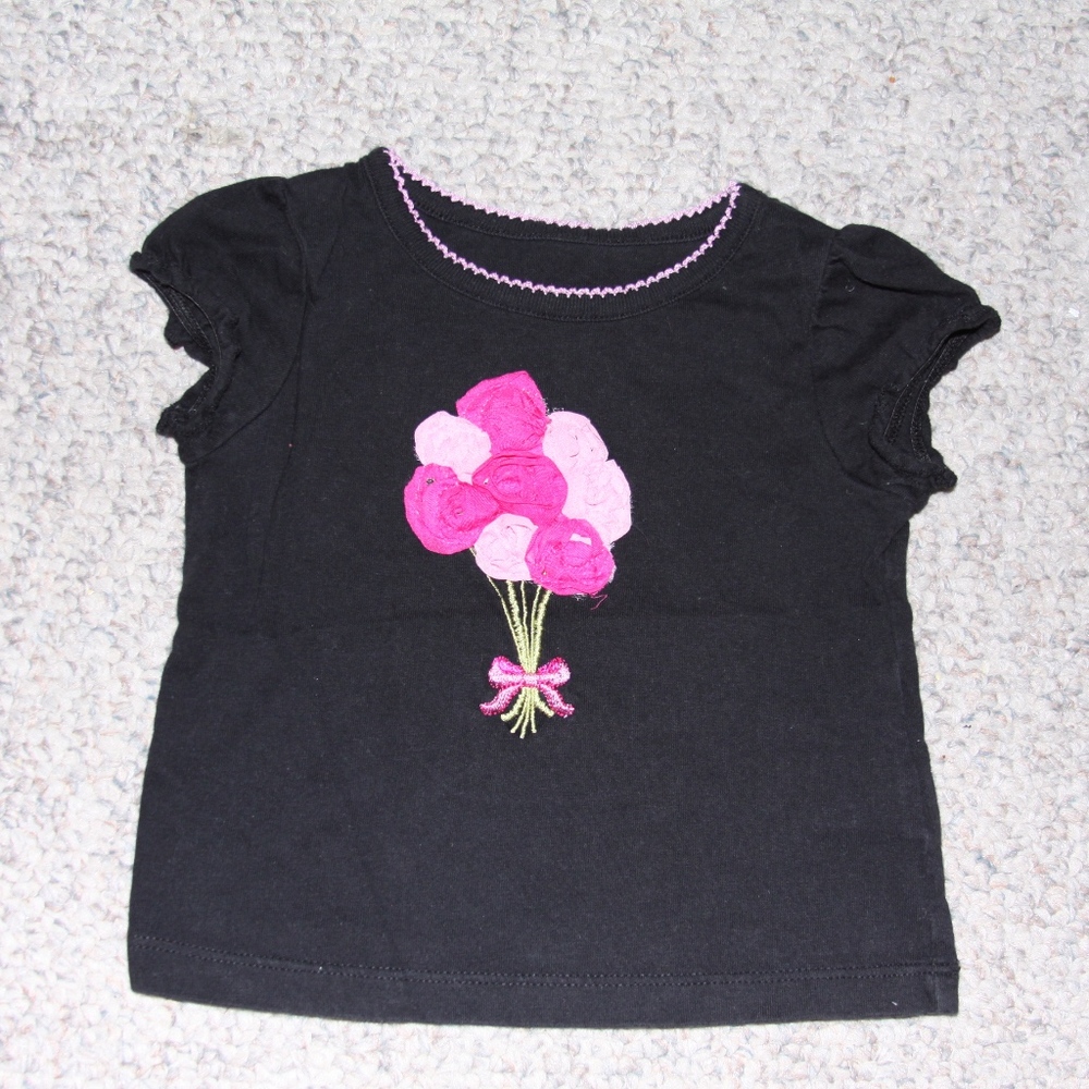Faded Glory Black T-Shirt with 3D Pink Flowers